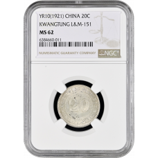 China - Republic 20 cents 1921, NGC MS62, "Province Kwangtung (1912 - 1930)"