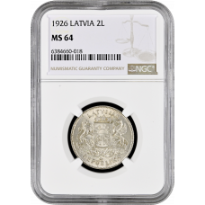 Latvia 2 lati 1926, NGC MS64, "First Republic (1922 - 1940)"