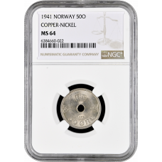 Norwegen 50 Öre 1941, NGC MS64, "König Haakon VII (1906 - 1957)" Top Pop