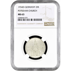 Germany - Third Reich 2 reichsmark 1934 D, NGC MS63, "Potsdam Garrison Church"