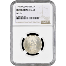 Germany - Third Reich 2 reichsmark 1934, NGC MS64, "Friedrich Schiller"