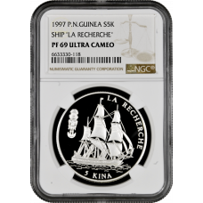 Papua New Guinea 5 kina 1997, NGC PF69 UC, "La Recherche"