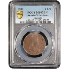 Österreichische Niederlande 2 Liards 1787, PCGS MS62 BN, "Kaiser Joseph II (1765 - 1790)" Top Pop