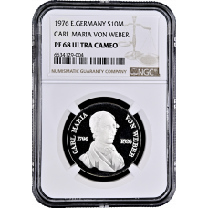 Germany - GDR 10 mark 1976, NGC PF68 UC, "150th Anniv. - Carl Maria von Weber"