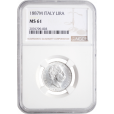 Italy 1 lira 1887 M, NGC MS61, "King Umberto I (1878 - 1900)"