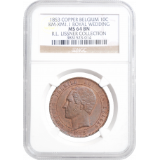 Belgien 10 Centimes 1853, NGC MS64 BN, "Marriage of The Duke"