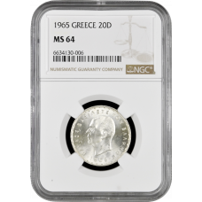 Griechenland 20 Drachmen 1965, NGC MS64, "König Paul I (1954 - 1965)"