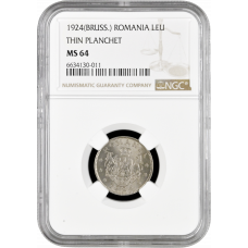 Romania 1 leu 1924 (BRUSS.), NGC MS64, "King Ferdinand I (1914 - 1927)"