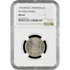 Romania 2 lei 1924 (BRUSS.), NGC MS64, "King Ferdinand I (1914 - 1927)"