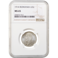 Romania 1 leu 1914, NGC MS65, "King Carol I (1881 - 1914)"