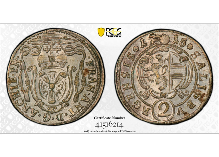 Salzburg 2 Kreuzer 1716/5, PCGS MS64, "Prinz-Erzbischof Franz Anton (1709 - 1727)" Top Pop