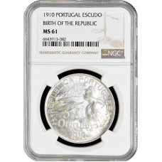 Portugal 1 Escudo 1910, NGC MS61, "Geburt der Republik" Silbermünze