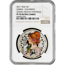 Niue 1 dollar 2011, NGC PF70 UC, "Zodiac Mucha Paintings - Gemini" Top Pop 7/0