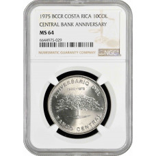 Costa Rica 10 colones 1975, NGC MS64, "25th Anniversary - Central Bank"