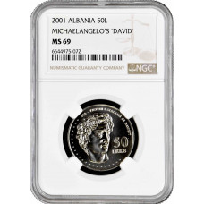 Albania 50 leke 2001, NGC MS69, "500th An. of Michelangelo's "David" Top Pop 1/0