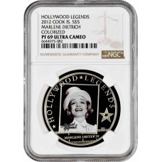 Cook Islands 5 dollars 2012, NGC PF69 UC, "Hollywood Legends - Marlene Dietrich"