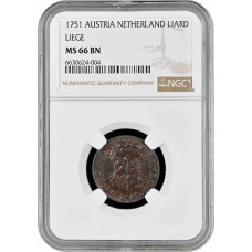 Belgium (Liege) 1 liard 1751, NGC MS66 BN, "John Theodor (1744 - 1763)" Top 5/0