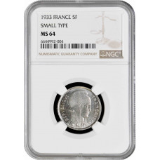 France 5 francs 1933, NGC MS64, "Third Republic (1870 - 1941)" SMALL TYPE