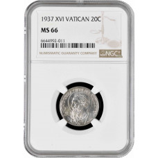 Vatican City 20 centesimi 1937, NGC MS66, "Pope Pius XI (1929 - 1938)" Pop 1/1