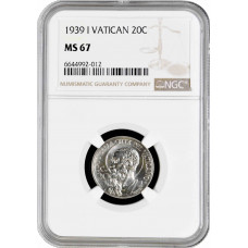 Vatikan 20 Centesimi 1939, NGC MS67, "Papst Pius XII (1939 - 1958)" Top Pop 2/0