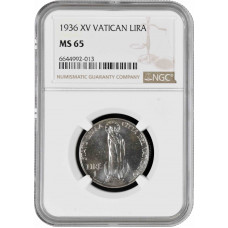 Vatican City 1 lira 1936, NGC MS65, "Pope Pius XI (1929 - 1938)"