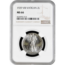 Vatican City 2 lire 1929, NGC MS66, "Pope Pius XI (1929 - 1938)"