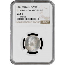 Belgium 1 franc 1914 Flemish, NGC MS64, "King Albert I (1910 - 1934)"