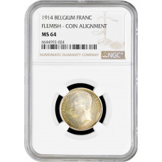 Belgien 1 Franken 1914 Flemish, NGC MS64, "König  Albert I (1910 - 1934)" Silber