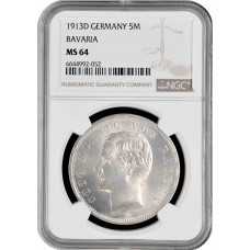 Bavaria 5 mark 1913 D, NGC MS64, "King Otto I (1886 - 1913)" silver coin