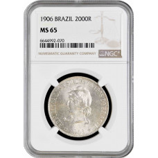 Brazil 2000 reis 1906, NGC MS65, "First Republic (1889 - 1942)" silver coin