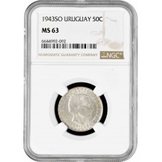 Uruguay 50 centesimos 1943 So, NGC MS63, "Peso (1862 - 1974)" silver coin