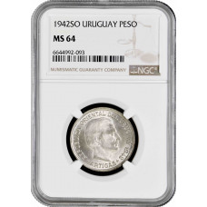 Uruguay 1 peso 1943 So, NGC MS64, "Peso (1862 - 1974)" silver coin