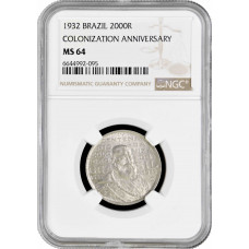 Brazil 2000 reis 1932, NGC MS64, "400th Anniversary - Colonization of Brazil"