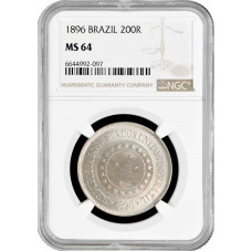 Brazil 200 reis 1896, NGC MS64, "First Republic (1889 - 1942)" Top Pop 4/0