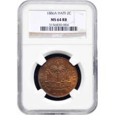 Haiti 2 centimes 1886 A, NGC MS64 RB, "Republic of Haiti (1863 - 1985)"