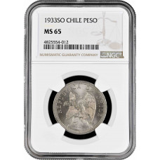 Chile 1 peso 1933, NGC MS65, "Republic of Chile (1899 - 1968)"