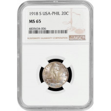 Philippines 20 centavos 1918 S, NGC MS65, "U.S. Administr. (1903-1945)" Pop 7/1