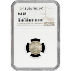 Philippines 10 centavos 1919 S, NGC MS65, "U.S. Administration (1903 - 1945)"