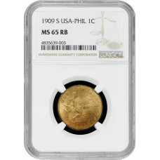 Philippines 1 centavo 1909 S, NGC MS65 RB, "U.S. Administr. (1903-1945)" Pop 7/1