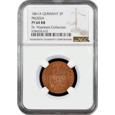 Prussia 3 pfennig 1861 A, NGC PF64 RB, "King William I (1861 - 1888)" TopPop 1/0