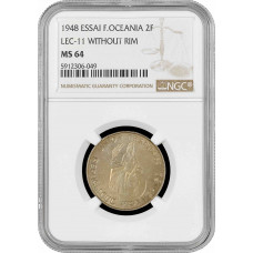 French Oceania 2 francs 1948, NGC MS64 ESSAI, "LEC-12, REISED RIM" 