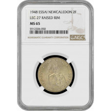 New Caledonia 2 francs 1948, NGC MS65 ESSAI, "LEC-27, REISED RIM" Top Pop 1/0