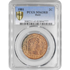 Haiti 2 centimes 1881, PCGS MS63 RB, "Republic of Haiti (1863 - 1985)"