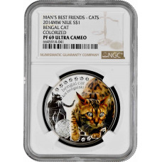 Niue 1 dollar 2014, NGC PF69 UC, "Man's Best Friends - Bengal Cat" colorized