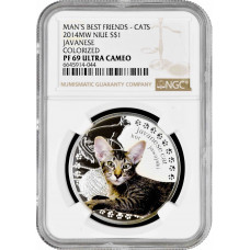 Niue 1 dollar 2014, NGC PF69 UC, "Man's Best Friends - Javanese Cat" colorized