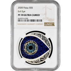 Palau 5 dollars 2020, NGC PF70 UC, "Evil Eye, Colorized" Top Pop silver coin