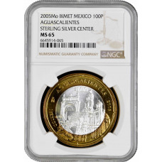 Mexico 100 pesos 2005, NGC MS65, "Aguascalientes San Antonio Temple & Sculpture"