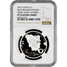 Latvia 1 lats 2013, NGC PF70 UC, "200th Anniversary - Birth of Richard Wagner"