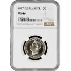 El Salvador 10 centavos 1977, NGC MS66, "Republic (1919 - 2001)" Pop 3/1