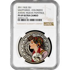 Niue 1 dollar 2011, NGC PF69 UC, "Zodiac Mucha Paintings - Sagittarius"